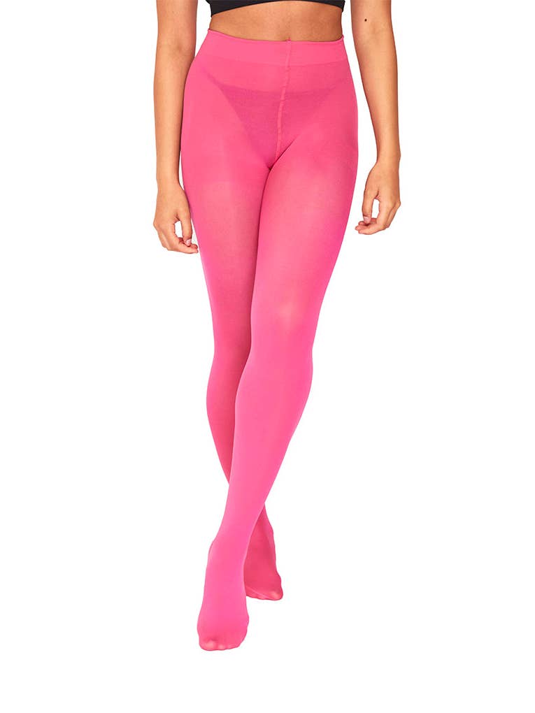 50 denier matte finish opaque tights in bright "shocking" pink, shown on a model