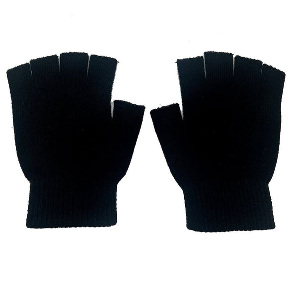 pair black and glow-in-the-dark white printed skeleton hand with cobwebs fingerless gloves. Shown from back to display unprinted back of glove