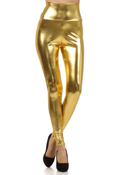high-waisted shiny metallic gold stretch leggings with wide waistband, shown on model from front