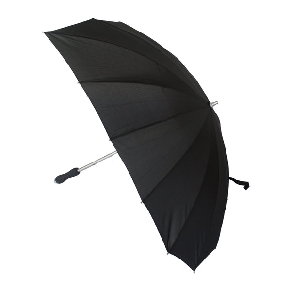 Black heart-shaped umbrella with silver metal handle and black soft foam grip. Shown open from side
