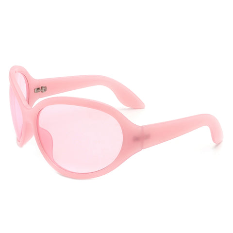 light pink ultra curved frame sunglasses with pink bug eye style lenses. Shown from side