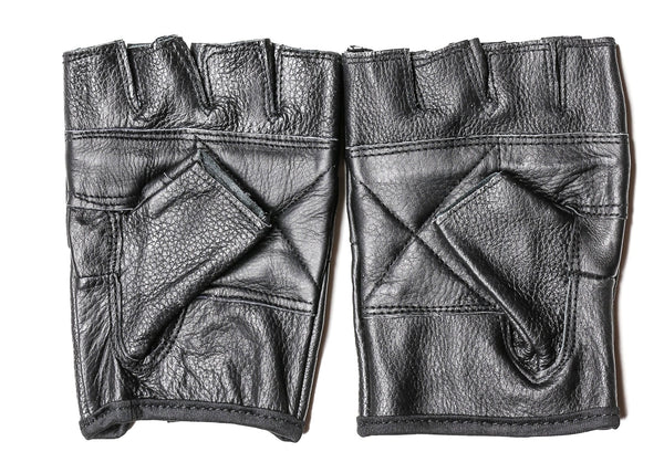 Black leather fingerless wrist length gloves with knuckle holes shown worn from back