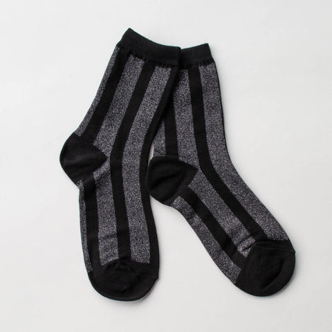 cotton knit crew socks in black with a sleek charcoal grey lurex vertical stripe pattern
