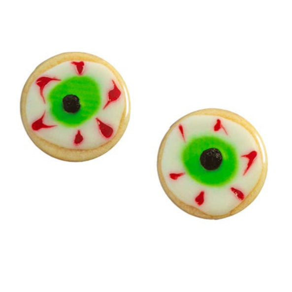 2 1/2" round magnet set of two magnets in the shape of sugar cookies with green, red, black and white eyeball frosting decoration