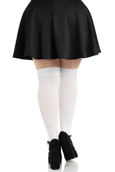 opaque solid white nylon thigh high stockings, shown back view on model