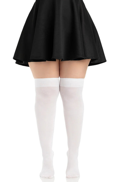 opaque solid white nylon thigh high stockings, shown on model