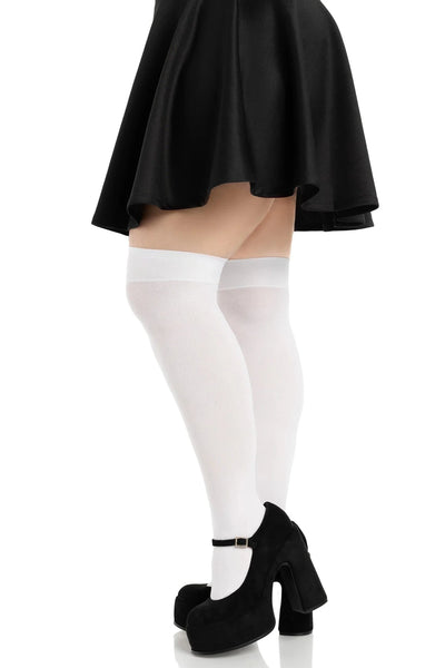 opaque solid white nylon thigh high stockings, shown side view on model