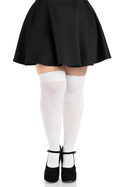 opaque solid white nylon thigh high stockings, shown on model