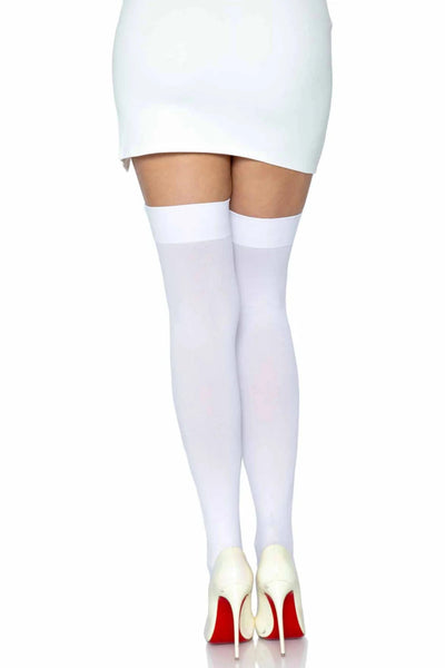 back view of nylon opaque thigh highs in solid white, shown on model