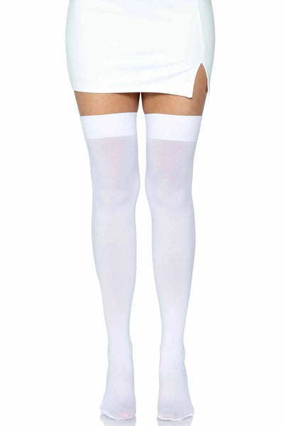nylon opaque thigh highs in solid white, shown on model