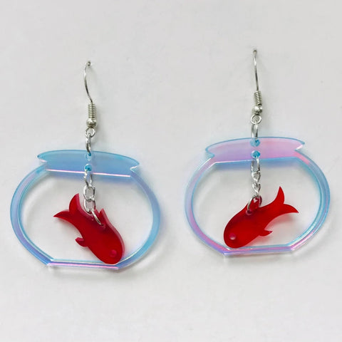 pair blue laser-cut acrylic fishbowl with suspended orange goldfish dangle earrings