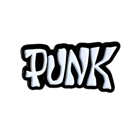 Satin finish black and white enamel pin of “PUNK” magazine logo