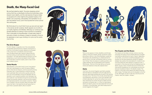 Illustrations of various representations of Death with accompanying text on a beige background.