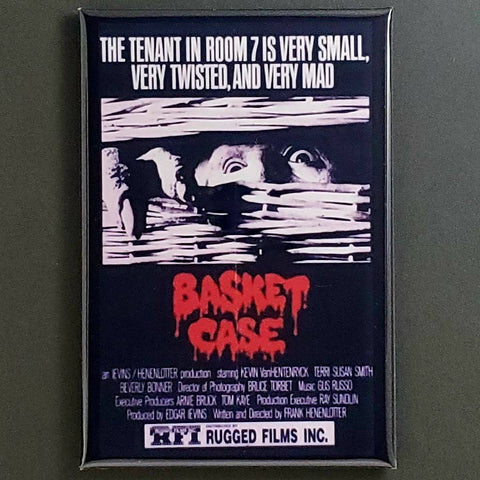Fridge magnet with "Basket Case" movie poster design on a dark background