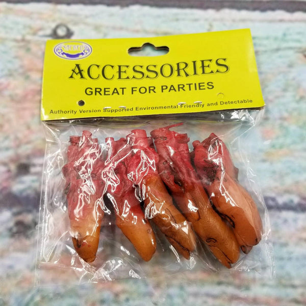 Set of rubber severed fingers painted to look dirty and bloody shown in plastic packaging 