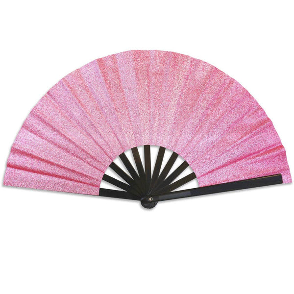 oversized pink glittery hand fan with black plastic ribs shown open