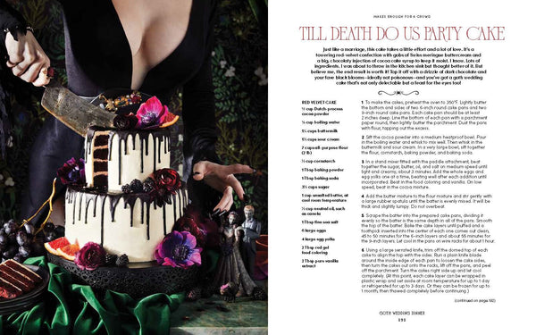 A printed wedding invitation or recipe-card style page featuring a large photo of a decorated wedding cake on the left and recipe text titled 'TILL DEATH DO US PARTY CAKE' on the right.