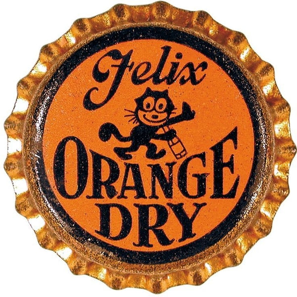 Felix Orange Dry bottle cap featuring illustration of Felix the Cat smiling and holding a bottle. 