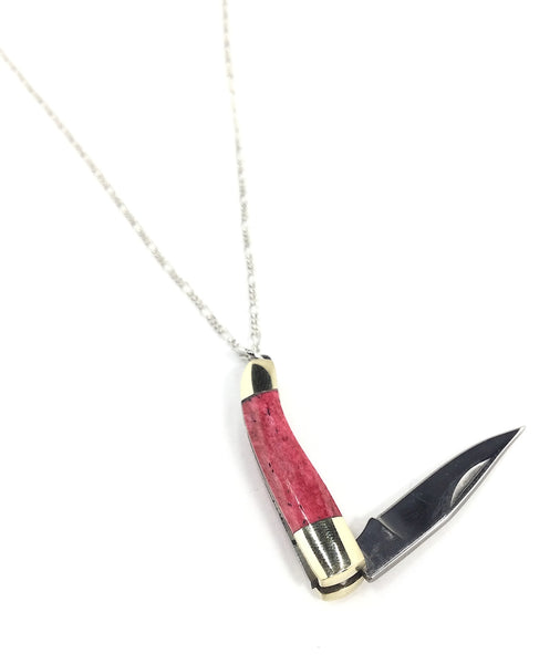 28” brass link style chain necklace with a mini stainless steel and brass pocket knife pendant with a red marbled finish handle. Shown with knife open
