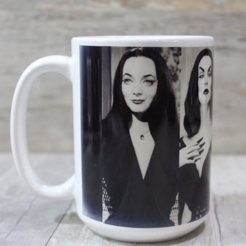 white ceramic mug with a printed black and white collage of the “First Ladies of Goth,” showing view featuring Carolyn Jones as Morticia Addams