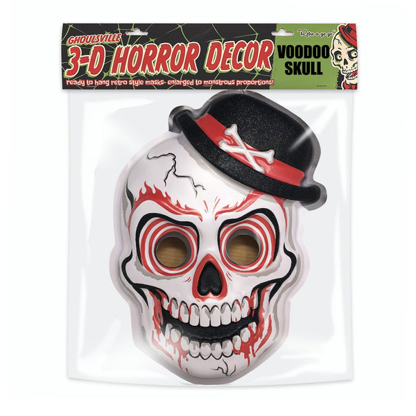 Ghoulsville glitter-y red, black, and white "Voodoo Skull" vacu-form plastic skull wearing bowler hat wall decor. Shown in stapled packaging