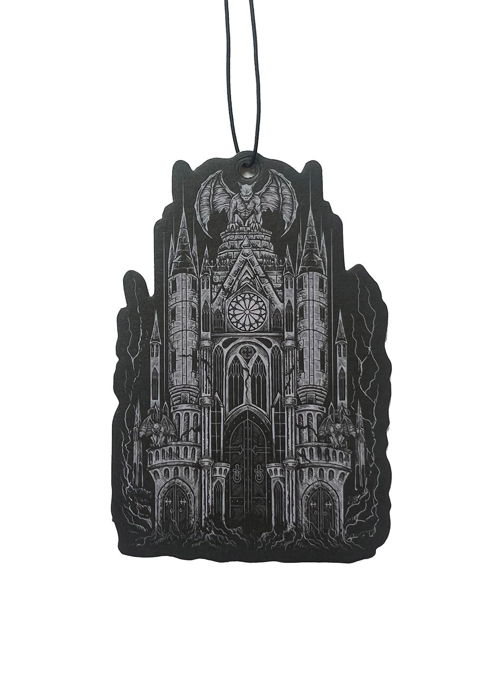 Decorative air freshener with cathedral design in grey on a black background