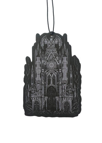 Decorative air freshener with cathedral design in grey on a black background