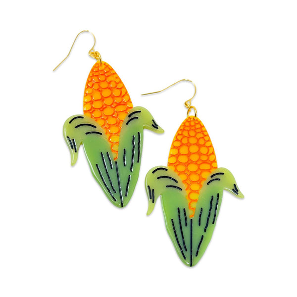 cellulose acetate dangle earrings in the shape of yellow ears of corn with half-shucked green husks and black painted detail