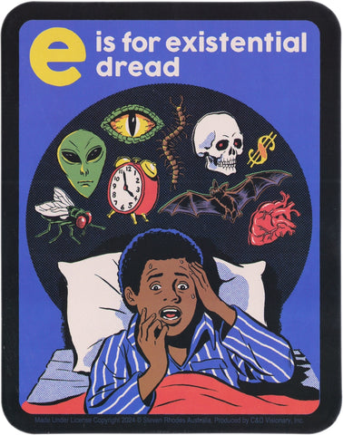 Steven Rhodes Sinister 70s "E is for Existential Dread" illustrated rectangular die-cut vinyl sticker.