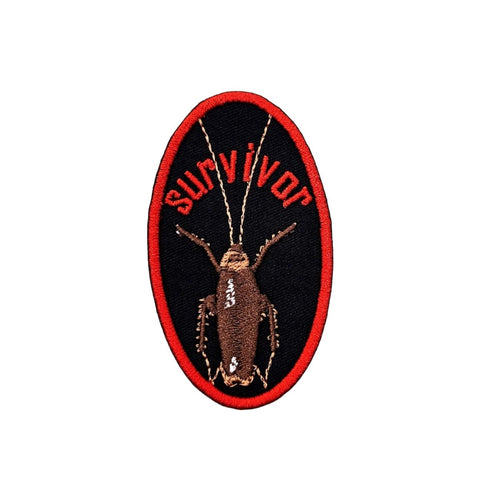 rounded oval embroidered patch in black with red border and brown cockroach with "survivor" written in lowercase red lettering