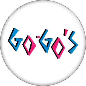 1 1/4” round pinback Go-Go’s neon pink and blue band logo button