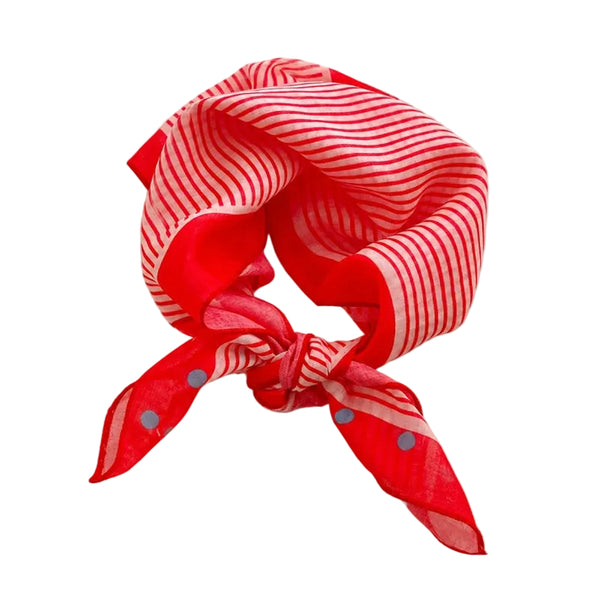 white and red railroad stripe cotton blend square scarf with blue polka dot & red border 
