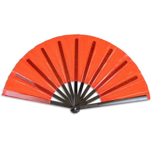 oversized transparent red glitter vinyl hand fan with black plastic ribs shown open