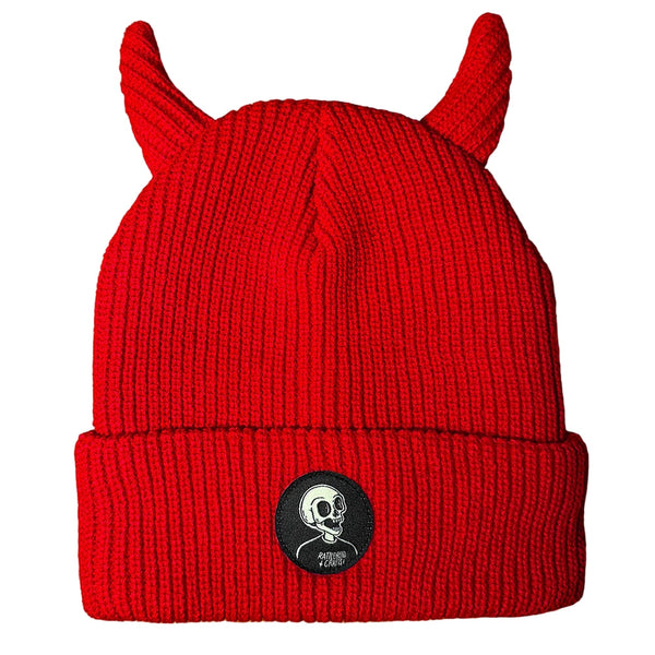 Bright red ribbed knit beanie with matching black devil horns