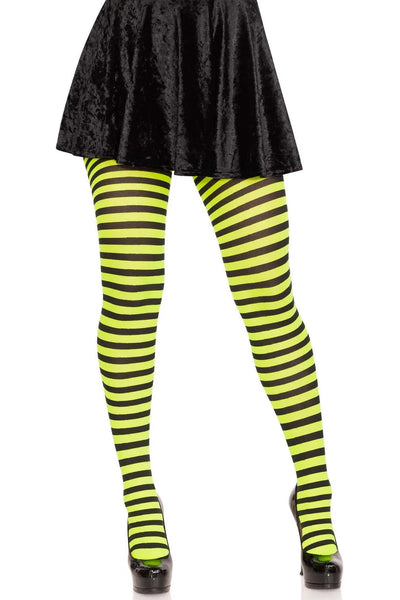 model wearing black and green striped tights on a white background