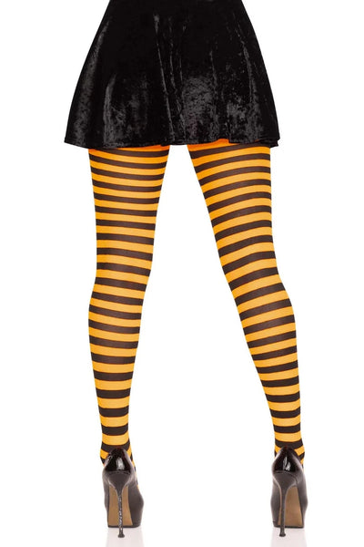 Striped opaque Nylon tights in black & orange, shown back view on model