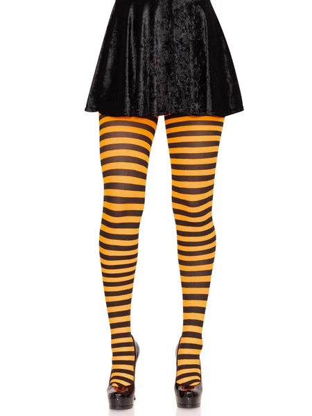 Striped opaque Nylon tights in black & orange, shown on model
