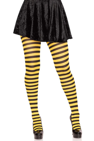 Striped opaque Nylon tights in black & yellow, shown on model