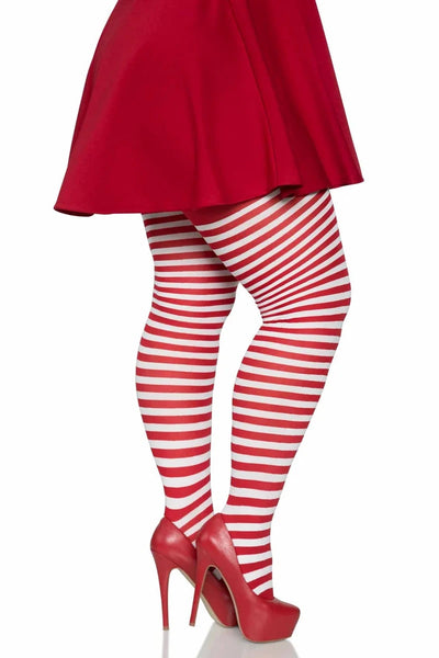 Striped opaque Nylon tights in red & white, shown side view on model