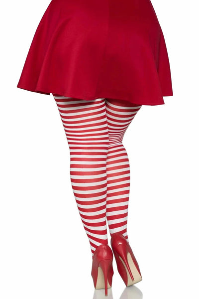 Striped opaque Nylon tights in red & white, shown back view on model