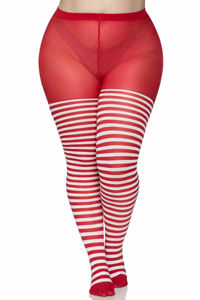 Striped opaque Nylon tights in red & white, shown on model