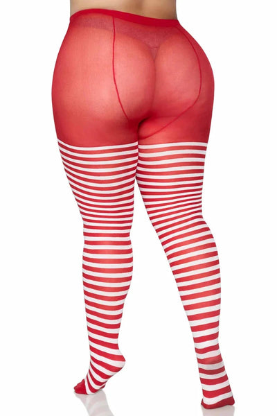 Striped opaque Nylon tights in red & white, shown back view on model
