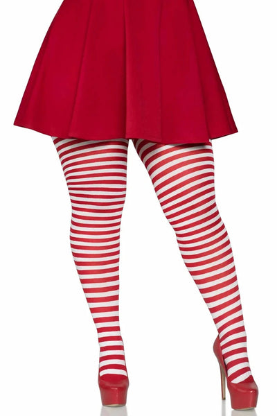 Striped opaque Nylon tights in red & white, shown on model