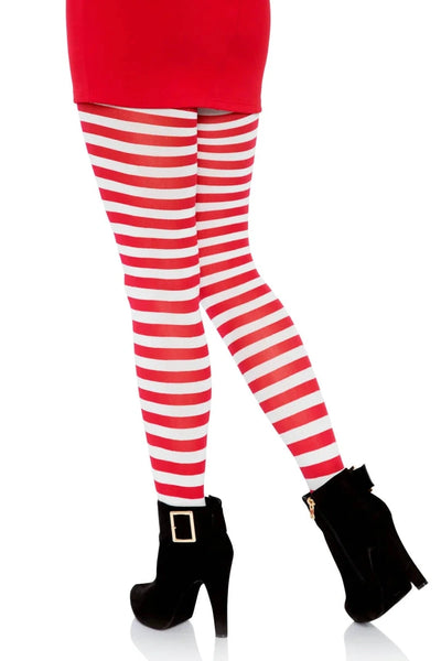 Red and white striped opaque tights worn by a model. Shown back view on a white background