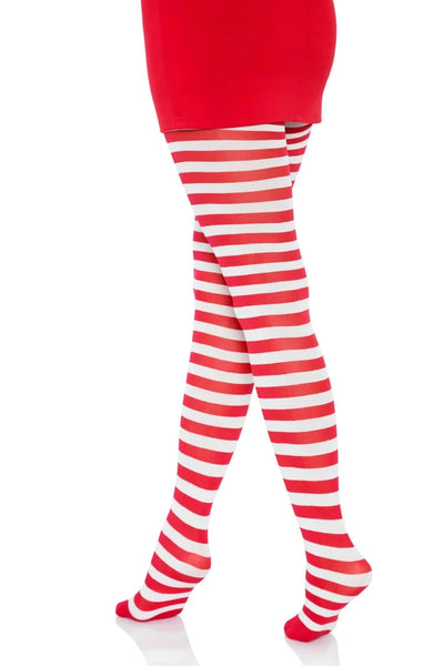 Red and white horizontally striped tights worn by a model, paired with a red skirt, shown 3/4 back view from the waist down on a white background.