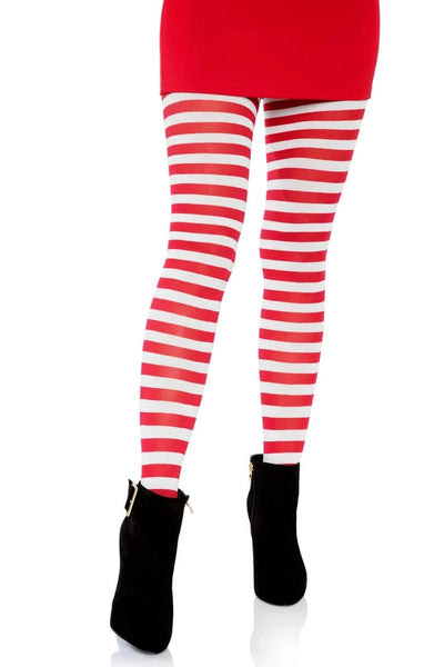 Red and white striped opaque tights worn by a model on a white background