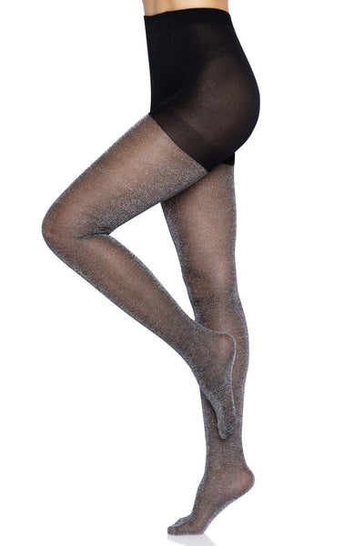 sparkly black with silver glitter Lurex semi-opaque tights, shown on model