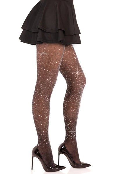 Model wearing black semi-opaque black with silver lurex threads tights with clear rhinestone embellishments