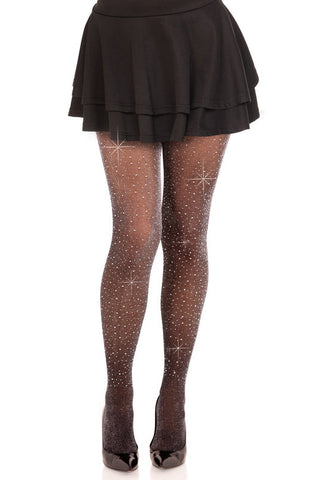 Model wearing black semi-opaque black with silver lurex threads tights with clear rhinestone embellishments. Shown from front