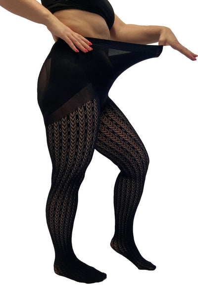 Black patterned tights worn by a person on a white background